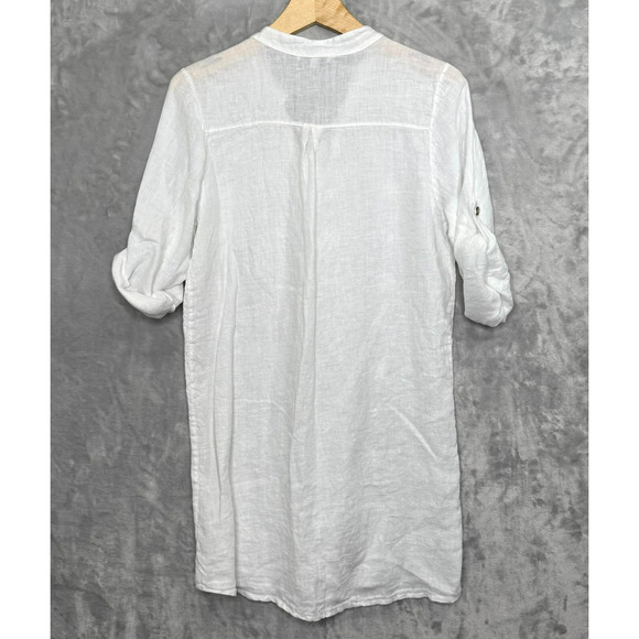 Rosemarine Top Womens Small White 100% Linen Embroidered Floral Roll Tab Sleeve - Picture 2 of 9